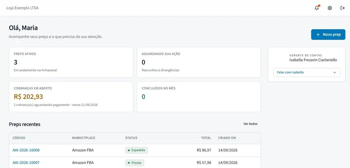 Painel inicial do seller com preps ativos, cobranças em aberto e preps recentes