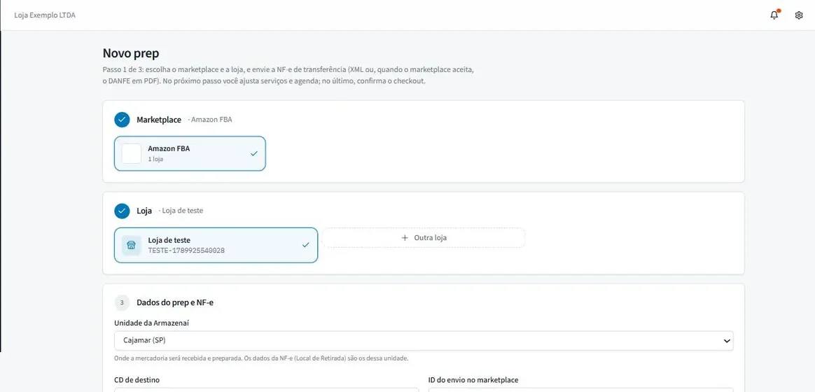 Tela Novo prep: escolha do marketplace e da loja, unidade da Armazenaí e envio da NF-e